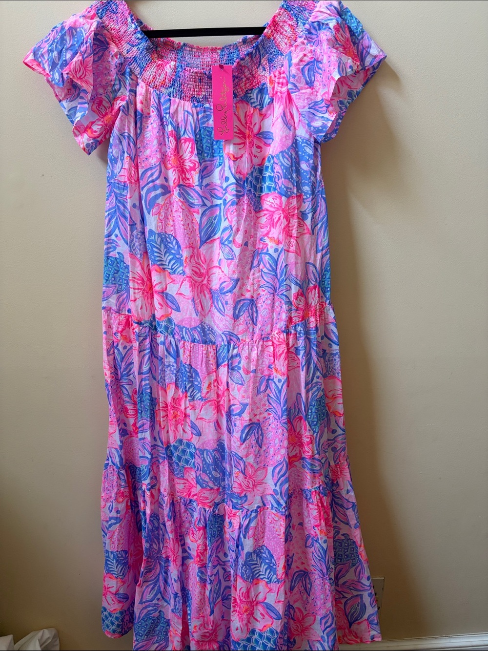 Lilly Pulitzer Floral Off-Shoulder Maxi Dress in Pink & Blue